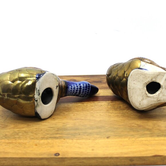 Vintage Tonala Mexican Folk Art Brass Hand Painted Ceramic Pair Duck Figurines - Picture 4 of 10